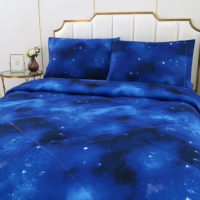 3PCS Blue Galaxy Twin Comforter Set, Bed in a Bag Space Twin Quilt Bedding Set, Hotel Luxury, Summer Cute Comforter Twin for Boys Girls Toddler Kids and Teens, Twin