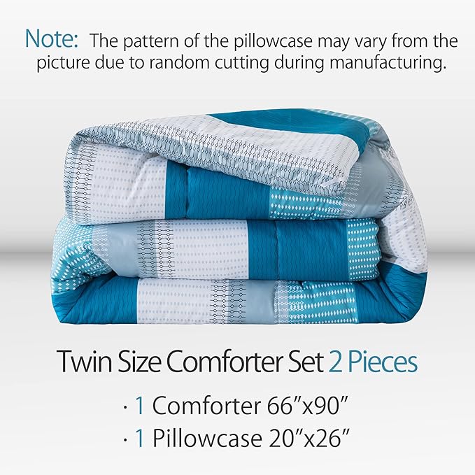 Andency Stripe Comforter Set Twin Size (66x90 Inch), 2 Pieces Teal Patchwork Striped Comforter, Soft Microfiber Down Alternative Comforter Bedding Set with Corner Loops