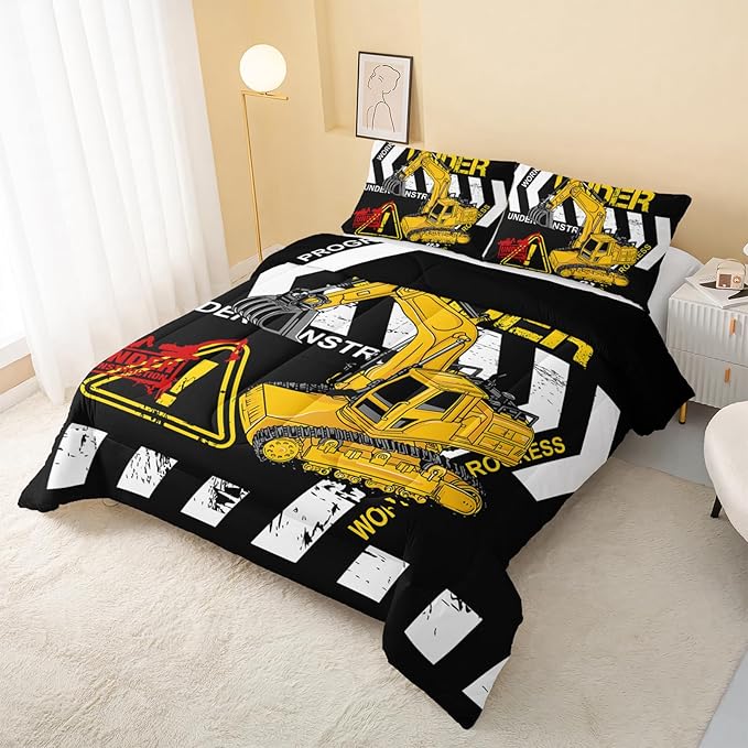 Excavator Comforter Queen Size,Construction Truck Comforter Set for Kids Teens Boys Girls,3Pcs Bedding Set Printed Comforter with 2 Pillowcases,Soft and Lightweight(Black，Queen Size)