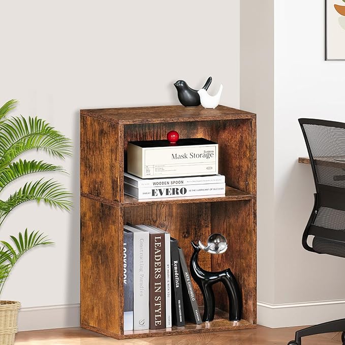 LEYAOYAO 2 Cube Bookshelf,Brown Record Player Stand Holds up to 100 Albums, Mini Wood Book Shelf Storage Organizer,Turntable Stand with Vinyl Storage Cabinet, Narrow Open Bookcase for Small Spaces