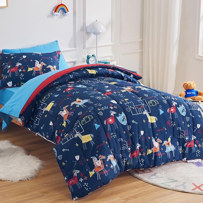 SLEEP ZONE Kids Twin Size Bedding Comforter Set 5 Pieces Breathable All Season Use for Boys (Knight‘s Tale, Twin)