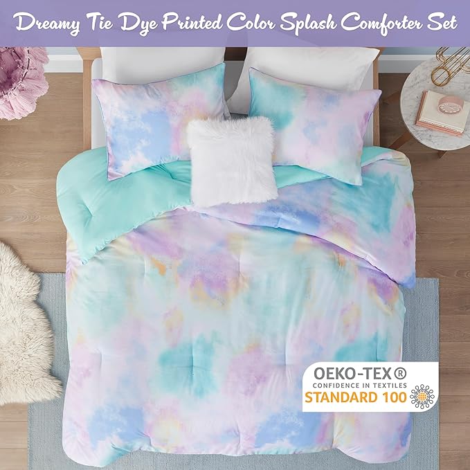 Intelligent Design Queen/Full Size Comforter Set, Watercolor Queen Bedding Sets, Tie Dye Comforter Set for Teen Girl & Boys, 4 Pieces Cassiopeia Comforter, Sham, Throw Pillow Full/Queen Pink/Blue