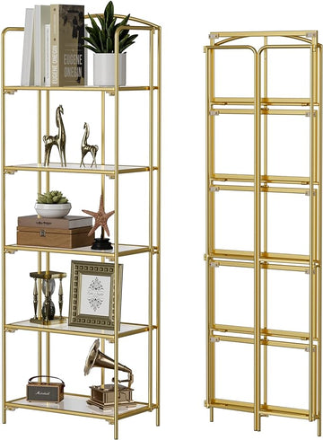 No Assembly Folding Bookshelf, 5 Tier Gold Bookshelf, Metal Book Shelf for Storage, Folding Bookcase for Office Organization and Storage, 12.87" D x 22.91" W x 68.1" H