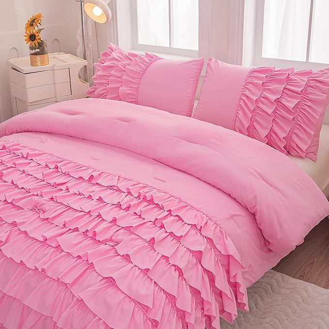 Pink Ruffle Comforter Set Twin, Girls Comforter Set Twin, Princess Comforter Set Twin, Pink Twin Bed Set for Girls, Kids Teen Girls Bedding Sets with 2 Pillowcases