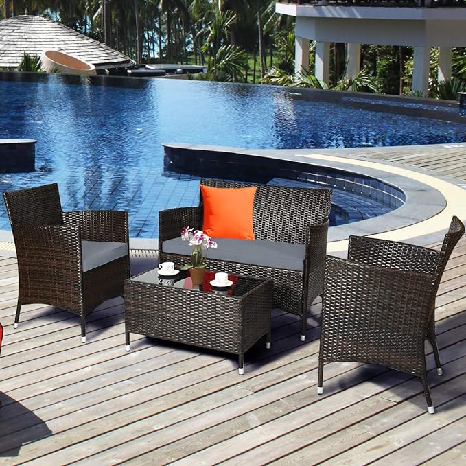 Goplus 4-Piece Rattan Patio Set, Outdoor/Indoor Wicker Conversation Set for Pool, Backyard, Lawn, Wicker Chairs and Sofa with Soft Cushion, Rattan Furniture with Tempered Glass Coffee Table