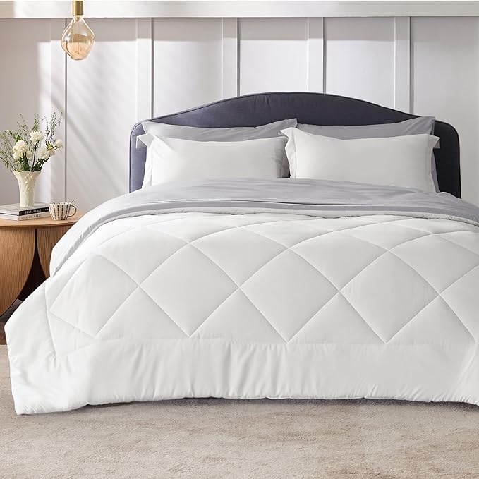 Bedsure Ivory Queen Comforter Set - 7 Pieces Reversible Queen Bed in a Bag, Queen Bed Set Ivory and Grey with Comforters, Sheets, Pillowcases & Shams