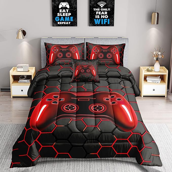5 Pieces Bed in A Bag Gamer Bedding Set for Boys Kids Adult Gaming Comforters Set,Boys Bed in A Bag Set Twin Size Comforter with Fitted Sheet Flat Sheet Pillowcase pillowsham,DJTH5027Twin