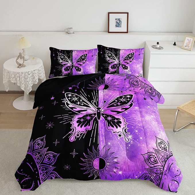 Datura home Black Purple Butterfly Comforter Set for Girls Women,Boho Butterfly Sun and Moon Mandala Printed Bedding Set with 2 Pillowcases(Black Purple Full)