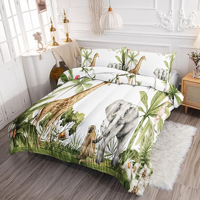 Elephant Giraffe Monkeys Comforter Queen Size,Wild Animals Kids Comforter Set,3Pcs Bedding Set Printed Comforter with 2 Pillowcases,Down Alternative,Soft and Lightweight,for All Seasons