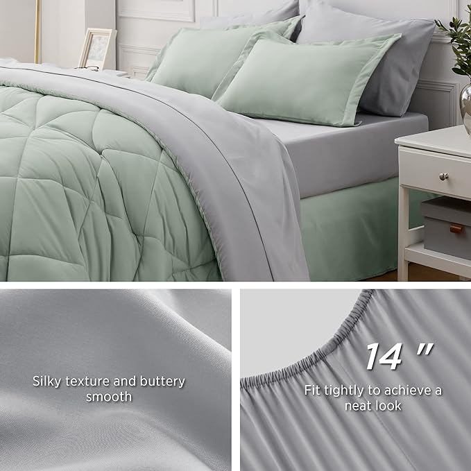 Bedsure Sage Green Queen Comforter Set - 7 Pieces Reversible Bed Set Sage Green Bed in a Bag Queen with Comforters, Sheets, Pillowcases & Shams, Queen Bedding Sets