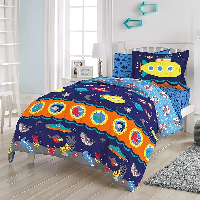dream FACTORY Kids 7-Piece Complete Set Easy-Wash Super Soft Microfiber Comforter Bedding, Full, Navy Submarine