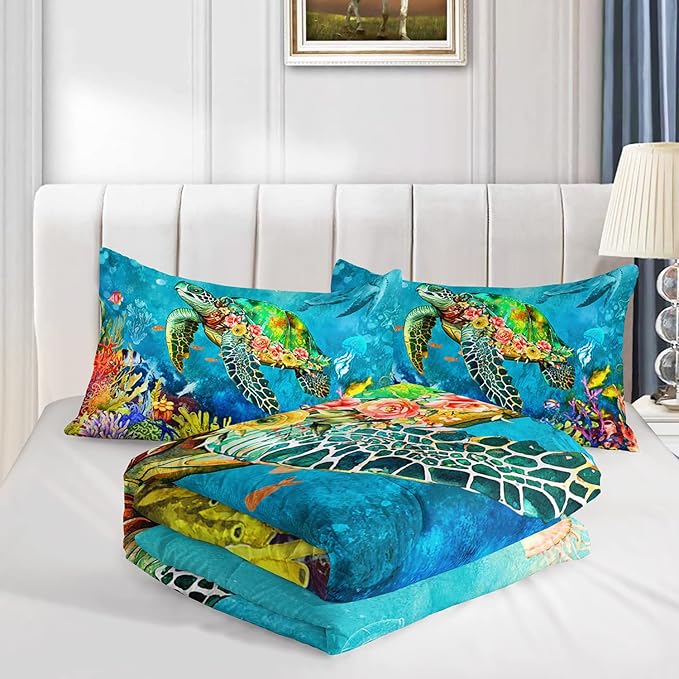 Kids Turtle Rose Comforter Set Queen Beach Theme Jellyfish Starfish Bedding Set Sea Animal Reptile Bed Set with 2 Pillowcases for Boys Girls Room Decor
