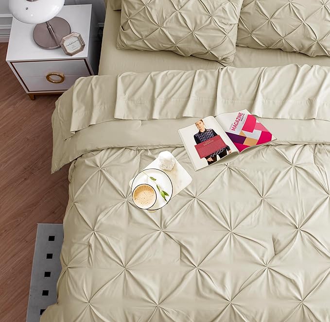 LANE LINEN Split King Size Bedding Comforter Set, Soft 8 Piece Split King Bed in a Bag with 1 King Size Comforter, 1 King Size Flat Sheet, 2 Twin XL Fitted Sheets, 2 Pillowcases & 2 Shams - Linen