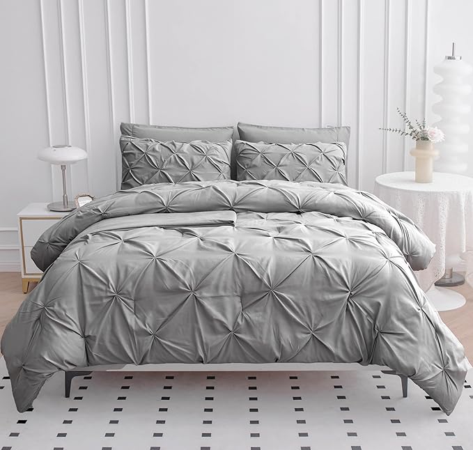 LANE LINEN 7 Piece Queen Comforter Set with Sheets, Pintuck Bedding Queen Size Set, Soft Bed in A Bag Queen, Pinch Pleated Queen Bed Set, Fluffy Queen Bedding Set with Pillowcases & Shams - Silver