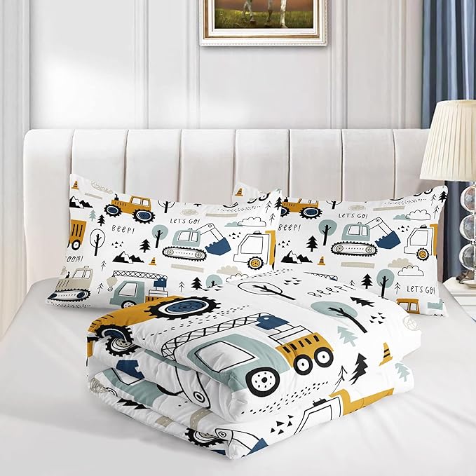 Datura home Kids Cartoon Excavator Bedding Comforter Sets for Boy and Girls,Construction Truck Bulldozer Tree Pattern Comforter Set with 2 Pillowcase and 1 Comforter(Excavator Full)