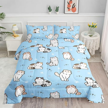 Datura home Blue Kawaii Cat Comforter Bedding Set for Girls Lovely Kitten Print Cute Animal Pattern with 1 and 2 Pillowcases Bedroom All Season(Cat Queen), Queen 90x90inches