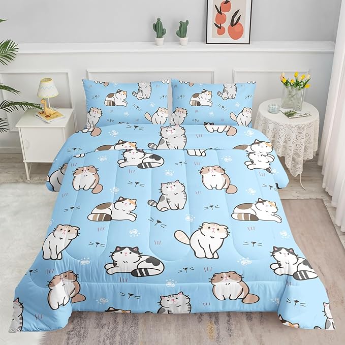 Datura home Blue Kawaii Cat Comforter Bedding Set for Girls Lovely Kitten Print Cute Animal Pattern with 1 and 2 Pillowcases Bedroom All Season(Cat Full), Full 80x90inches