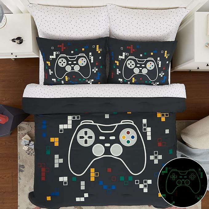 KALEIDOSPACE Gamer Bedding Sets for Boys Girls, Glow in The Dark 7 Piece Bed in a Bag Full, Ultra Soft Microfiber Kids Bedding for All Season (76"X86")
