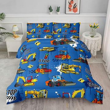Axolotl Blue Excavator Bedding Full,3Pcs Boys Construction Comforter Set,Cartoon Machinery Truck Bedding Set for Boys Kids Children Teens Bedroom Decor Cars Quilt Set with 1 Comforter 2 Pillowcase