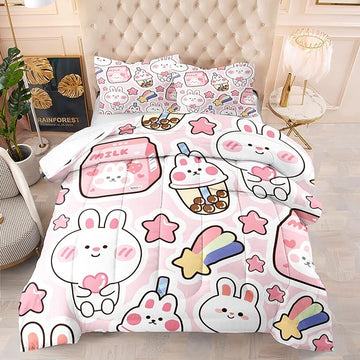 CVHOUSE Kawaii Bedding Twin Size,Kawaii Rabbit Bedding Set for Girls Kids,Cute Rabbit Comforter Set Kawaii Rabbit Duvet Set Rabbit Pattren Quilt Set Girls Room Decor 3 Pieces