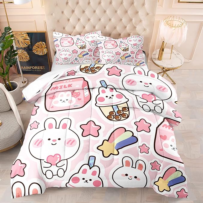 CVHOUSE Kawaii Bedding Twin Size,Kawaii Rabbit Bedding Set for Girls Kids,Cute Rabbit Comforter Set Kawaii Rabbit Duvet Set Rabbit Pattren Quilt Set Girls Room Decor 3 Pieces