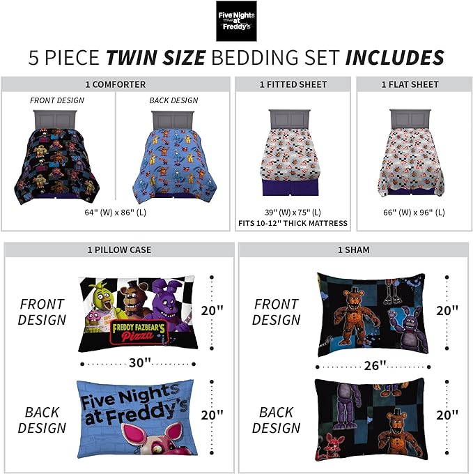 Franco Kids Bedding Super Soft Comforter and Sheet Set with Sham, 5 Piece Twin Size, Five Nights At Freddy's