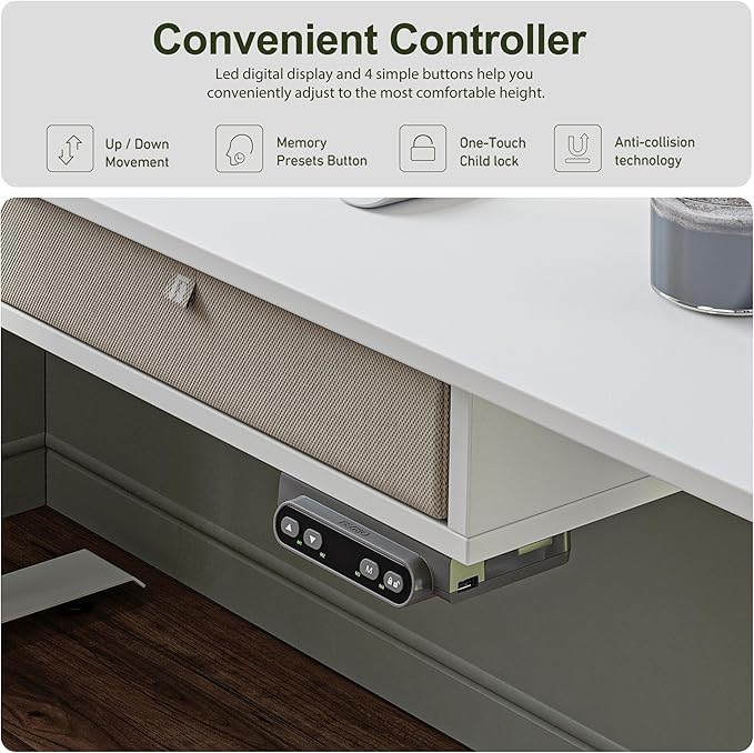 BANTI Height Adjustable Electric Standing Desk with 4 Drawers, 55 x 24 Inch Table with Storage Shelf, Sit Stand Desk, White Top
