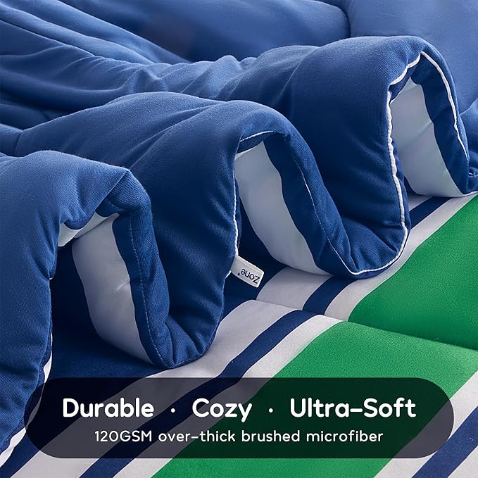 SLEEP ZONE Teens Boys Green Navy Stripe Kids Jersey Knit Comforter Set, Cute & Soft Bedding Set 2 Pieces with Comforter and Pillowcase, Washable, Easy Care (Rugby Stripe Navy/Green, Twin)