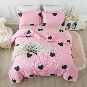 Love Pattern Girls Pink Comforter Set Queen Size, Blush Pink Cute Love Heart Sexy Comforter Bedding Set for All Seasons, Geometric Soft Microfiber 3 Pieces Comforter Set with Pillowcases