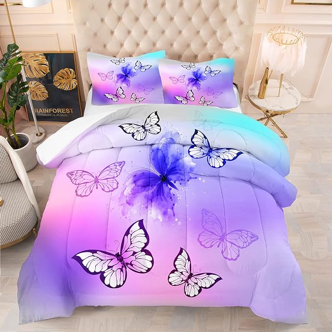 Tailor Shop Butterfly Comforter Set for Girls Kids Teens,Pink Butterfly Bedding Set King Size,Tie Dye Butterflies Comforter Set Butterfly Room Decor Set,with 1 Comforter and 2 Matching Pillowcase…