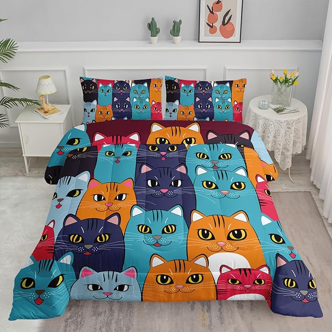 Axolotl Cartoon Cat Comforter Set Kids Bedding Full Size,Cute Colorful Cat Bedding Set for Kids Boys Girls Adults Teens Room Decor,Kids Comforter Set All Season,1 Comforter 2 Pillow Cases