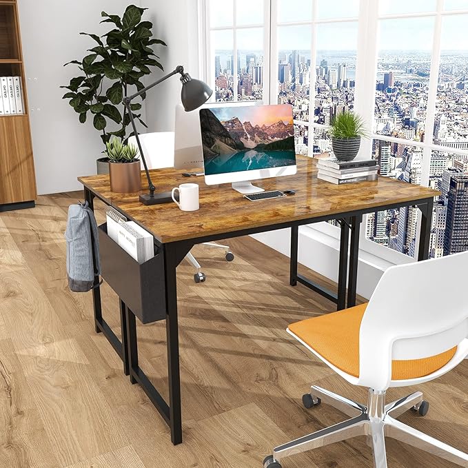 Computer Desk Home Office Desk 55 Inch Writing Desks Small Space Desk Study Table Modern Simple Style Work Table with Storage Bag Headphone Hook Wooden Tabletop Metal Frame for Home, Bedroom