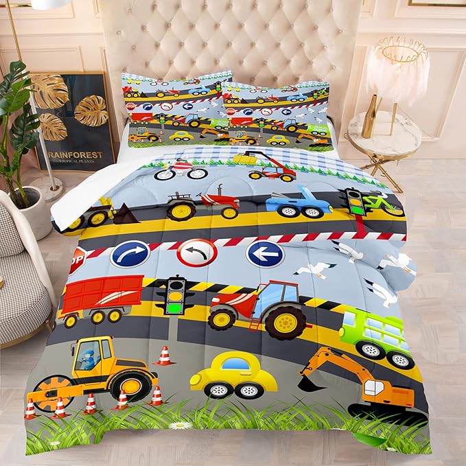 Tailor Shop Construction Vehicle Truck Comforter Set King Size，Cartoon Excavator Bedding Sets Comforter Cover for Boys Childs Kids Teens ，Tractor Mixer Room Decor with 1 Comforter 2 Pillowcases