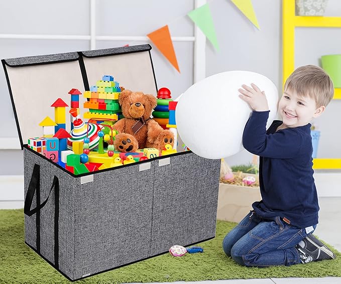 Large Kids Toy Box Chest Storage organizer with Double Flip-Top Lid - Collapsible Sturdy Toy Organizers And Storage Bins With Big Handles For Nursery, Playroom, 26.8"x13.8"x16"(Grey)