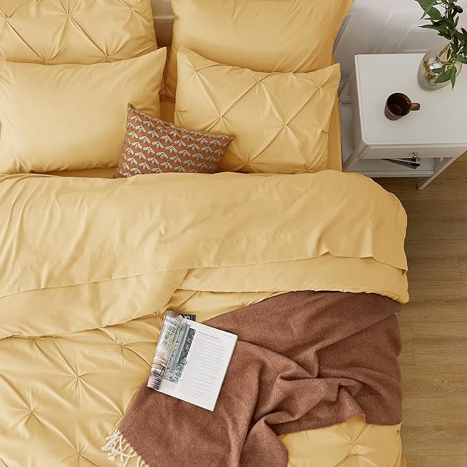 Bedsure King Size Comforter Set - Bedding Set King 7 Pieces, Pintuck Bed in a Bag Yellow Bed Set with Comforter, Sheets, Pillowcases & Shams