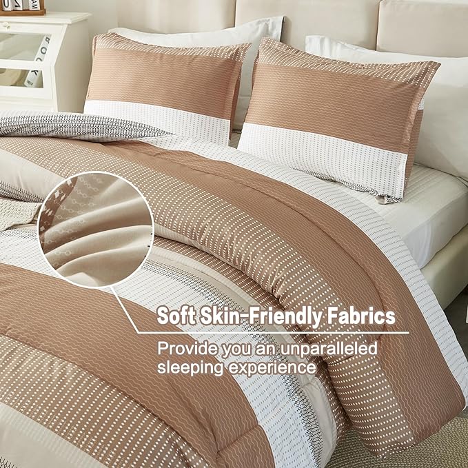 Litanika Queen Comforter Set Beige - 3 Pieces Lightweight Taupe Khaki White Colorblock Stripe Fluffy Bedding Comforter Sets, All Season Bed Set