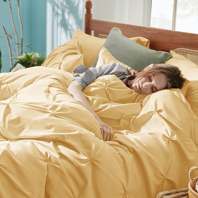 Bedsure King Size Comforter Set - Bedding Set King 7 Pieces, Pintuck Bed in a Bag Yellow Bed Set with Comforter, Sheets, Pillowcases & Shams