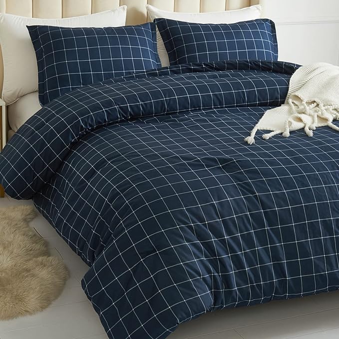 Andency Navy Grid Comforter Set King Size (104x90 Inch), 3 Pieces(1 Grid Comforter and 2 Pillowcases), Summer Lightweight Microfiber Down Alternative Navy Comforter with White Lines