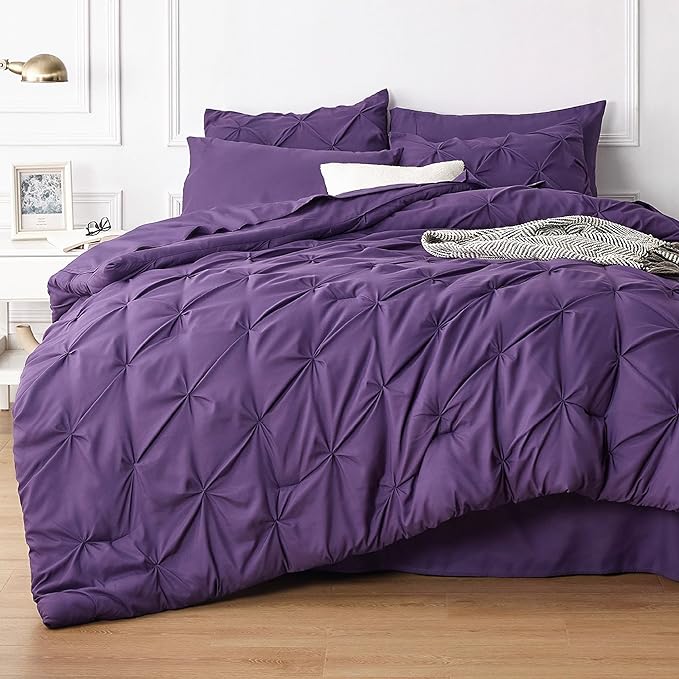 Bedsure Purple Comforter Set Queen - Bed in a Bag Queen 7 Pieces, Pintuck Bedding Sets Purple Bed Set with Comforter, Sheets, Pillowcases & Shams