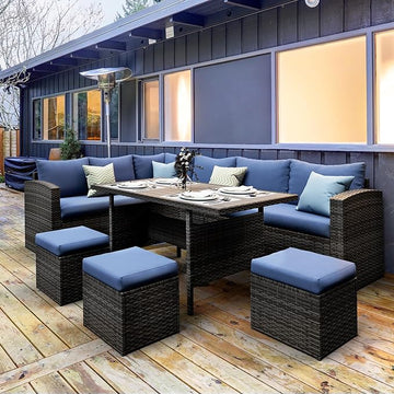 Solaste 7 Piece Outdoor Patio Furniture Set, Outdoor Sectional PE Rattan Patio Conversation Sofa with All Weather Dining Table Chair Set, Blue