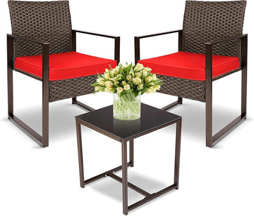 YIYAN 3 Pieces Outdoor Furniture Set Patio Rattan Wicker Chairs & teatable,Lawn Garden Balcony Backyard,with Washable Cushion (Red)