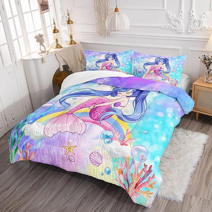 Datura home Kids Mermaid Comforter Set for Girls Women,Cute Mermaid Girl and Rainbow Shell Starfish Printed Pattern Blue Kawaii Bedding Set with 2 Pillowcases(Mermaid Girl Full)
