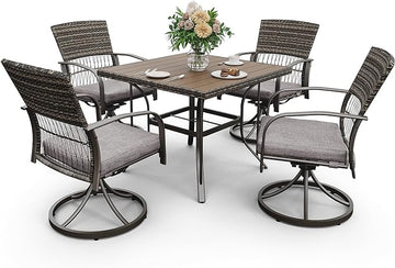 Pamapic 5 Piece Outdoor Dining Set, Rattan Outdoor Patio Furniture Set for Deck Backyard with Plastic-Wood Outdoor Dining Table, 4 Swivel Outdoor Dining Chairs and Removable Cushions (Gray)