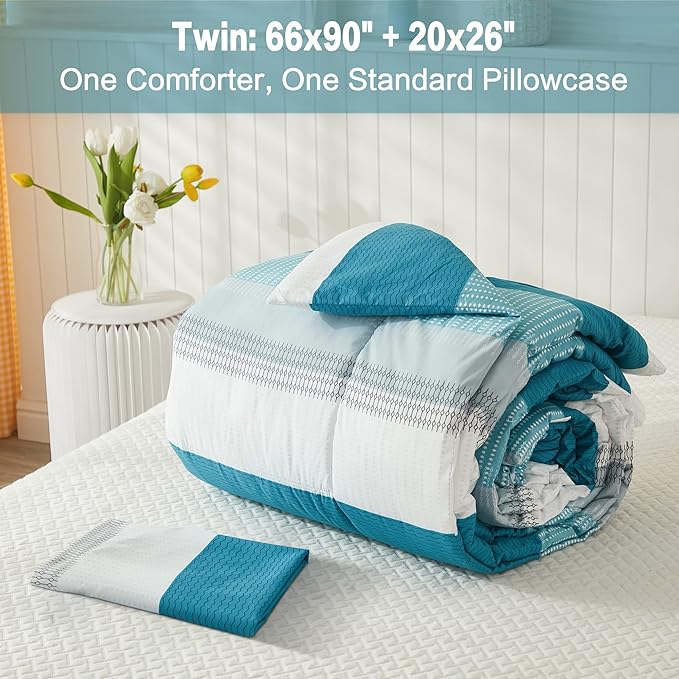 Litanika Teal White Bed Comforter Twin Set, XL Twin Comforter Striped Bedding Comforter Set, 2 Pieces Lightweight Soft All Season Down Alternative Comforter (1 Comforter, 1 Pillowcase)