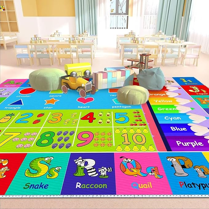 Kids Alphabet Play Game Rug - 2' 7" x 4' ABC Numbers and Shapes Educational Learning Toddler Carpet - Kids Room Playroom Classroom Kindergarten Activity Fun Soft Non-Slip Mat