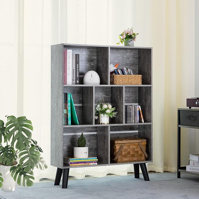 LEYAOYAO Bookshelf Cube Storage Organizer,3 Tier Bookcase with Legs,Modern Wood Open Shelf,Dirty Grey Bookshelves,Free Standing Display Short Book Shelves for Narrow Space,Bedroom,Living Room,Office