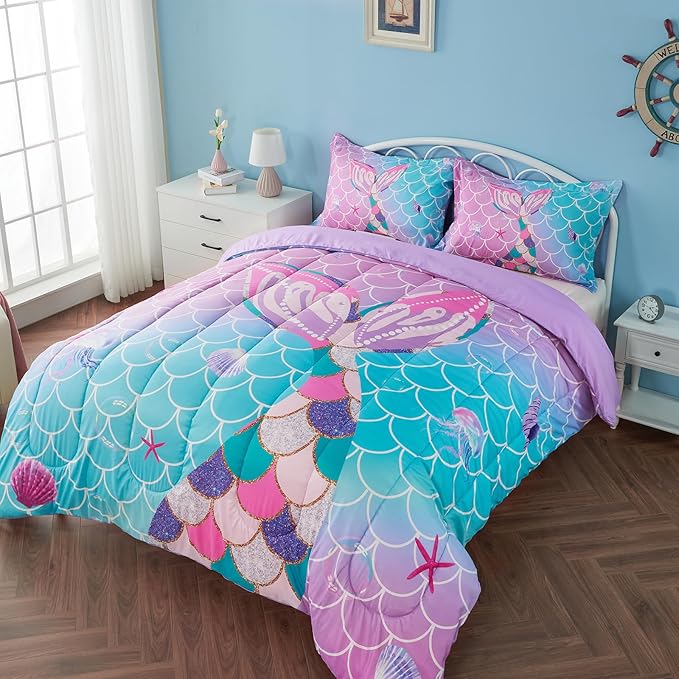 Twin/Twin XL Comforter Set for Girls Mermaid Tail Rainbow Scales Bedding Set 2 Pieces Twin Size Comforter with Pillowcase for Kids, Teenagers