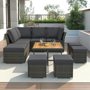 9 Pieces Outdoor Furniture All Weather Patio Sectional Sofa PE Wicker Modular Conversation Sets with Coffee Table and Storage Ottoman, Onesize, Ze-Black