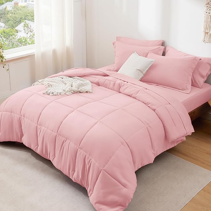 Bedsure Pink Twin Comforter Set - 5 Pieces Solid Twin Bed in a Bag, Twin Bed Set Pink with Comforters, Sheets, Pillowcase & Sham
