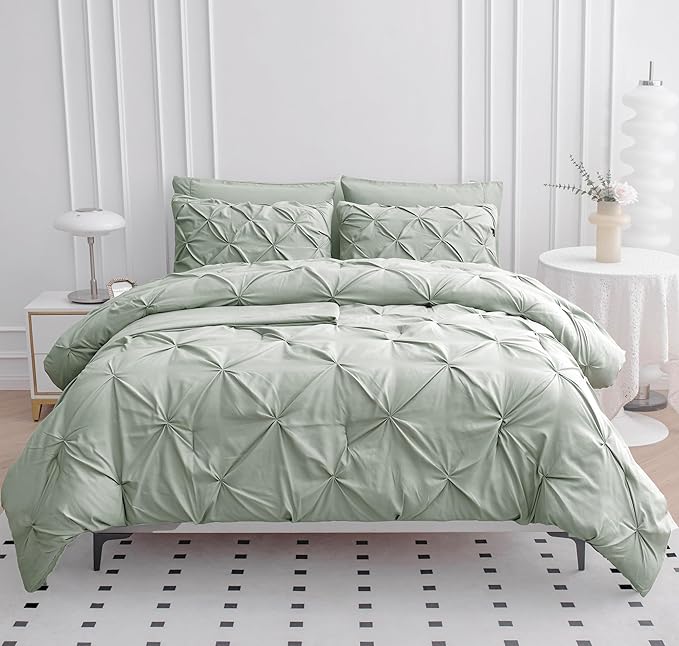 LANE LINEN Queen Size Comforter Set with Sheets, 7 Piece Comforter Set Queen Size, Pintuck Queen Comforter Set, Soft Queen Bed Set, Queen Size Bedding Comforter Sets, Queen Bed in Bag Set - Mineral